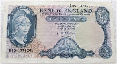 1957 - 1960 Bank of England L K O'Brien Blue £5 Five Pound Banknote