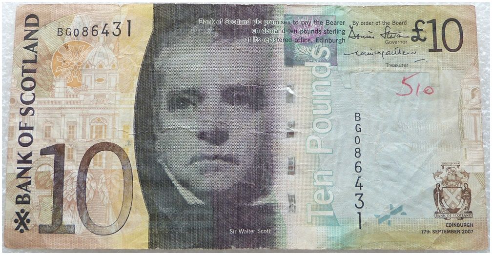 2007 - 2011 Bank of Scotland Sir Walter Scott £10 Ten Pound Banknote