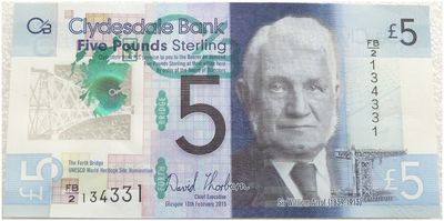 2015 Clydesdale Bank William Arrol Plastic Polymer £5 Five Pound Banknote First Ever