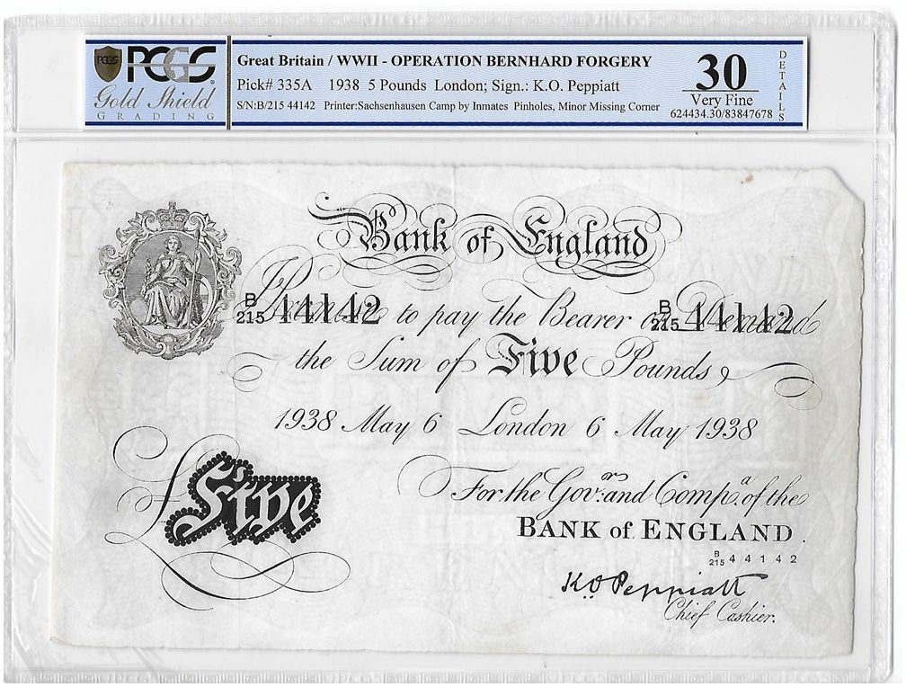 1938 WWII Operation Bernhard Forgery K O Peppiatt White £5 Five Pound Banknote B215 44142 Very Fine 30 Details