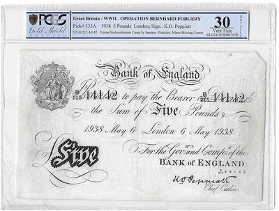 1938 WWII Operation Bernhard Forgery K O Peppiatt White £5 Five Pound Banknote B215 44142 Very Fine 30 Details