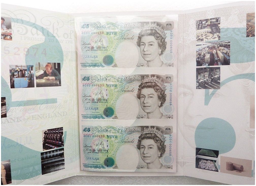1993 Bank of England G E A Kentfield £5 Five Pound 3 Banknote Uncut Sheet AC01 - AC03