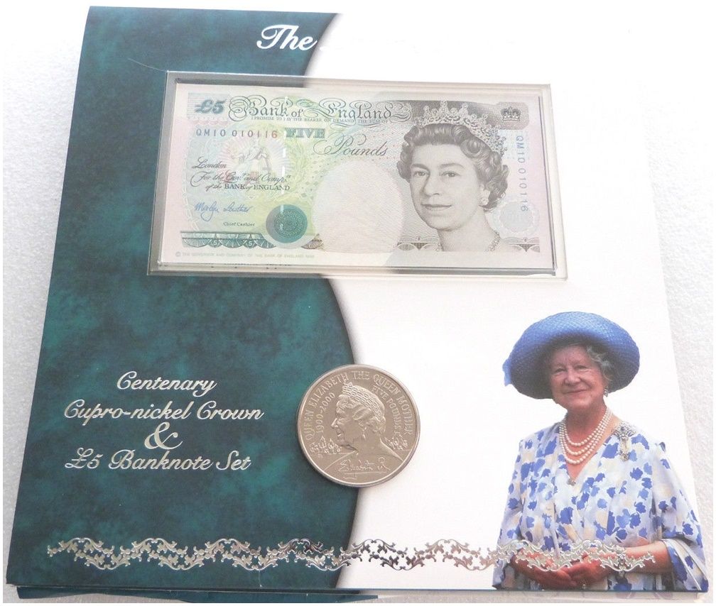 2000 Queen Mother Centenary £5 Brilliant Uncirculated Coin £5 Five Pound Banknote Set