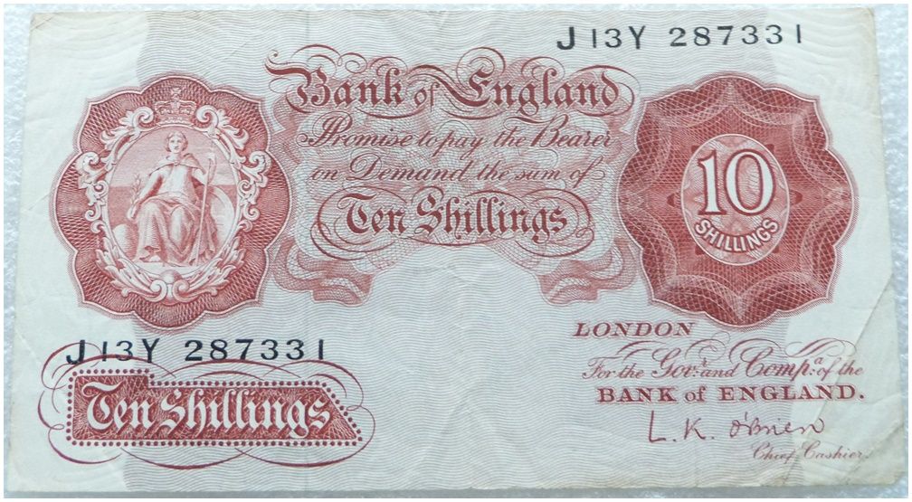 1955 - 1961 Bank of England L K O'Brien Britannia Red 10 Shilling Banknote (D86Z to Y25X)