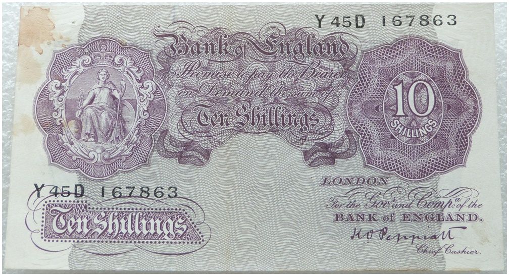 1940 - 1948 Bank of England Emergency Wartime Issue K O Peppiatt Mauve 10 Shilling Banknote