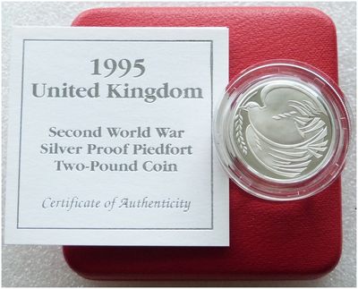 1995 End of Second World War Dove Piedfort £2 Silver Proof Coin Box Coa 1995 End of Second World War Dove Piedfort £2 Silver Proof Coin Box Coa