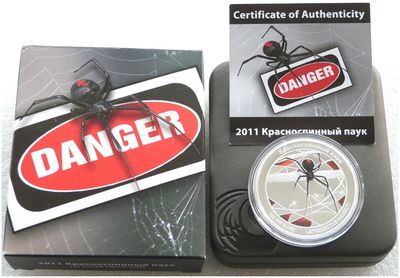 2011 Tuvalu Deadly and Dangerous Red-Back Spider $1 Silver Proof 1oz Coin Box Coa - Russian Version
