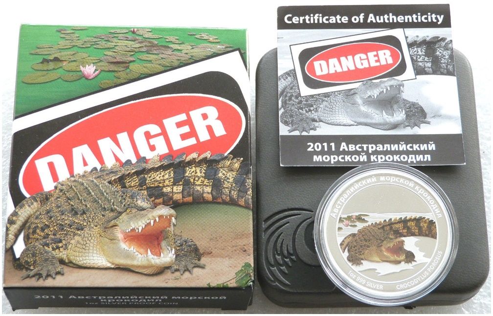 2011 Tuvalu Deadly and Dangerous Saltwater Crocodile $1 Silver Proof 1oz Coin Box Coa - Russian Version