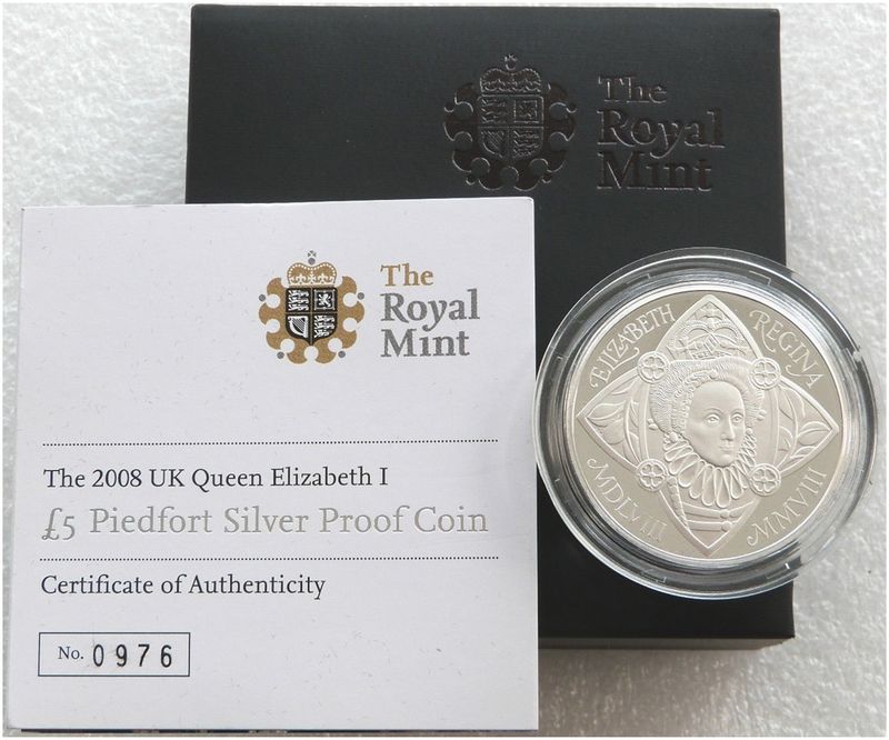 2008 Elizabeth I Piedfort £5 Silver Proof Coin Box Coa