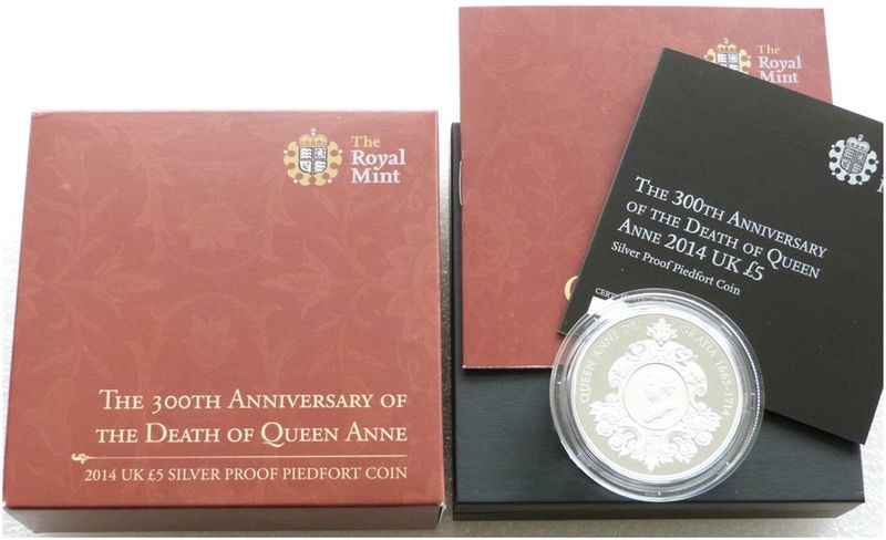 2014 Queen Anne Piedfort £5 Silver Proof Coin Box Coa - Mintage 636