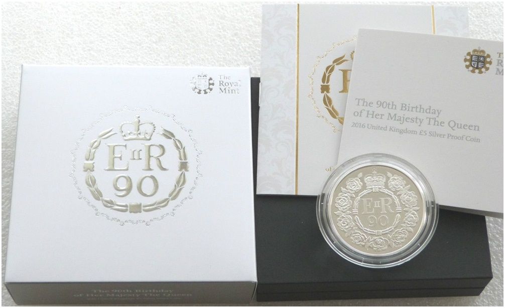 2016 Queen's 90th Birthday £5 Silver Proof Coin Box Coa