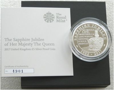 2017 Sapphire Jubilee £5 Silver Proof Coin Box Coa