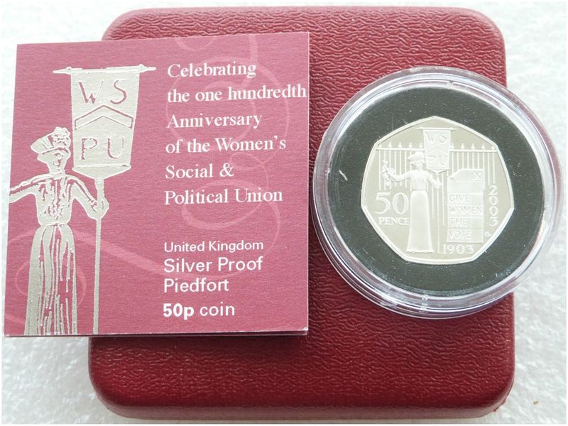 2003 Suffragettes Piedfort 50p Silver Proof Coin Box Coa