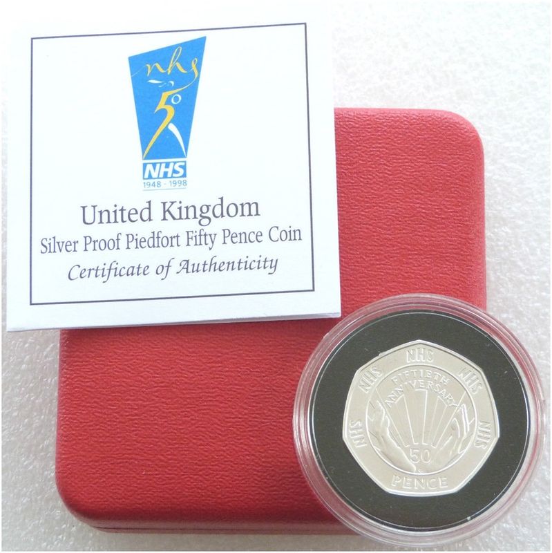 1998 National Health Service NHS Piedfort 50p Silver Proof Coin Box Coa