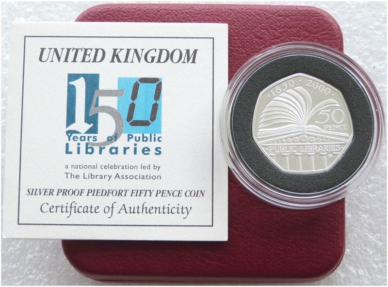 2000 Public Library Piedfort 50p Silver Proof Coin Box Coa
