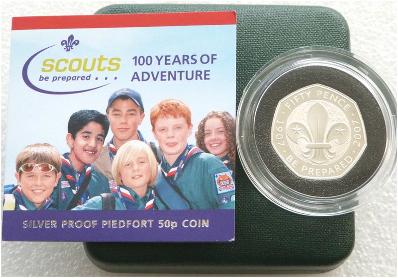 2007 Scout Movement Centenary Piedfort 50p Silver Proof Coin Box Coa