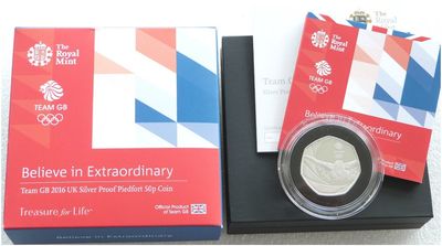 2016 Rio Olympic Games Team GB Piedfort 50p Silver Proof Coin Box Coa