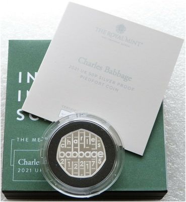2021 Charles Babbage Piedfort 50p Silver Proof Coin Box Coa 2021 Charles Babbage Piedfort 50p Silver Proof Coin Box Coa