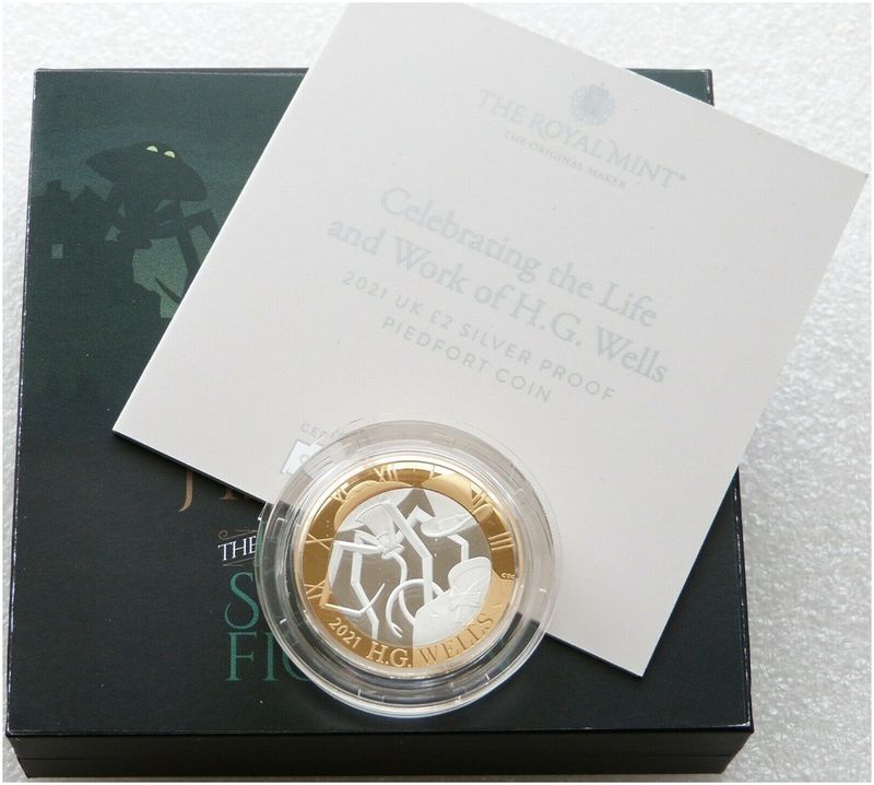 2021 HG Wells War of the Worlds Piedfort £2 Silver Proof Coin Box Coa 2021 HG Wells War of the Worlds Piedfort £2 Silver Proof Coin Box Coa