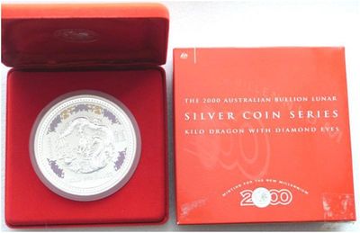 2000 Australia Lunar Dragon Diamond Gemstone $30 Silver Kilo Coin Boxed