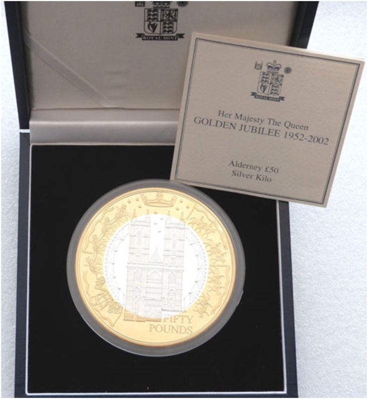 2002 Alderney Golden Jubilee £50 Silver Gold Proof Kilo Coin Box Coa