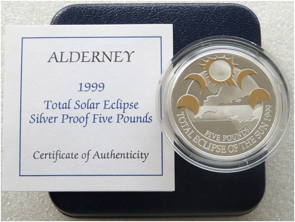 1999 Alderney Total Solar Eclipse of the Sun £5 Silver Gold Proof Coin Box Coa 1999 Alderney Total Solar Eclipse of the Sun £5 Silver Gold Proof Coin Box Coa