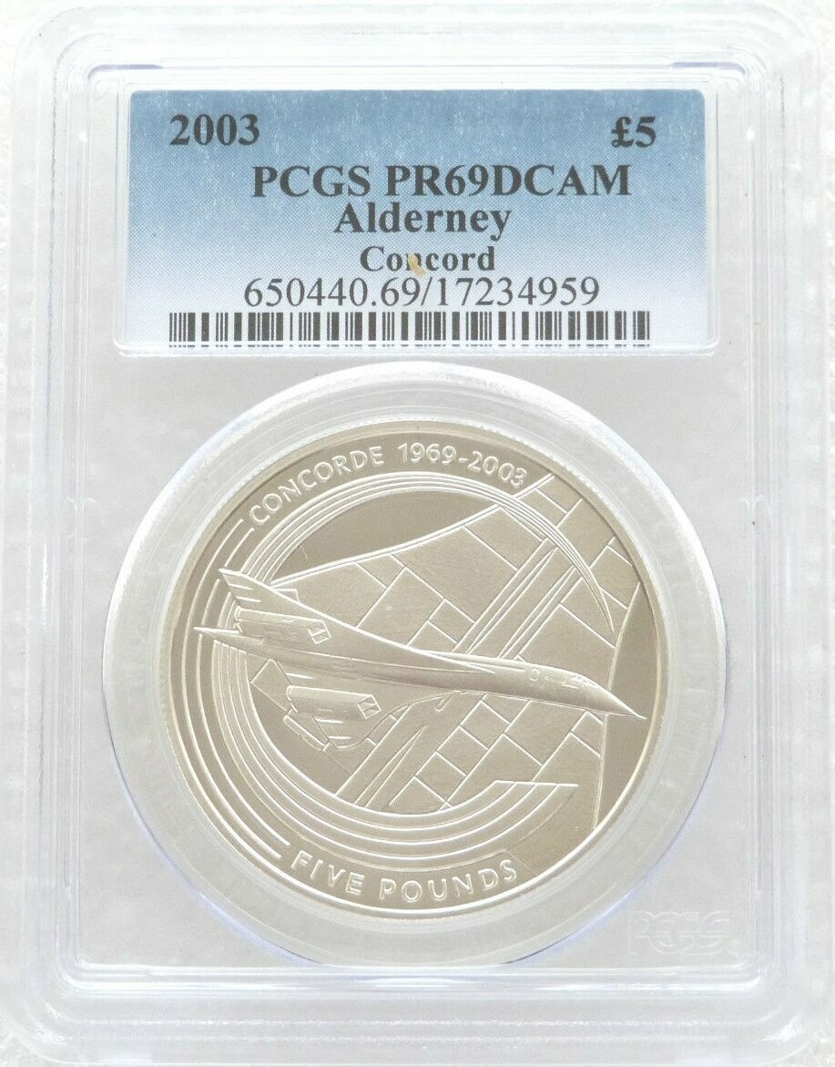 2003 Alderney Final Flight Concorde £5 Silver Proof Coin PCGS PR69 DCAM 2003 Alderney Final Flight Concorde £5 Silver Proof Coin PCGS PR69 DCAM