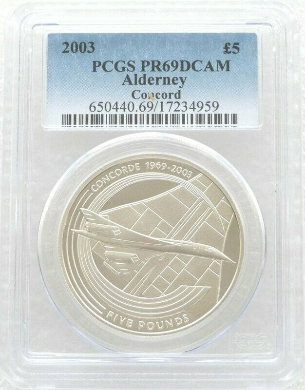 2003 Alderney Final Flight Concorde £5 Silver Proof Coin PCGS PR69 DCAM 2003 Alderney Final Flight Concorde £5 Silver Proof Coin PCGS PR69 DCAM
