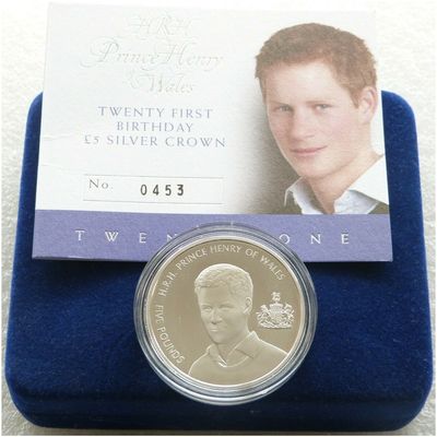 2005 Alderney Prince Harry 21st Birthday £5 Silver Proof Coin Box Coa