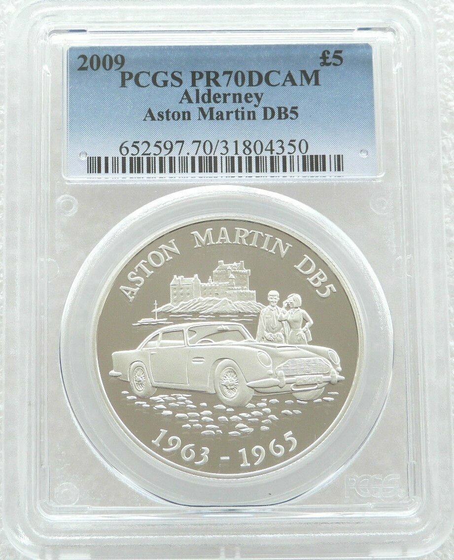 2009 Alderney Classic British Motor Cars Aston Martin DB5 £5 Silver Proof Coin PCGS PR70 2009 Alderney Classic British Motor Cars Aston Martin DB5 £5 Silver Proof Coin PCGS PR70