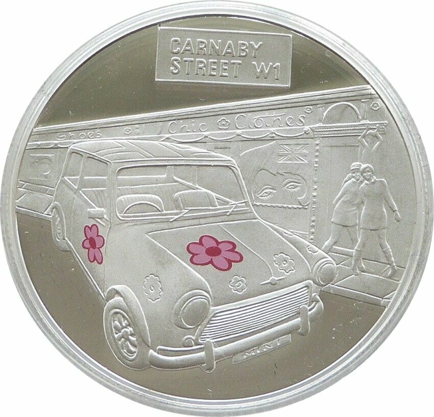 2009 Alderney Mini Motor Car 50th Anniversary Carnaby Street £5 Silver Proof Coin 2009 Alderney Mini Motor Car 50th Anniversary Carnaby Street £5 Silver Proof Coin