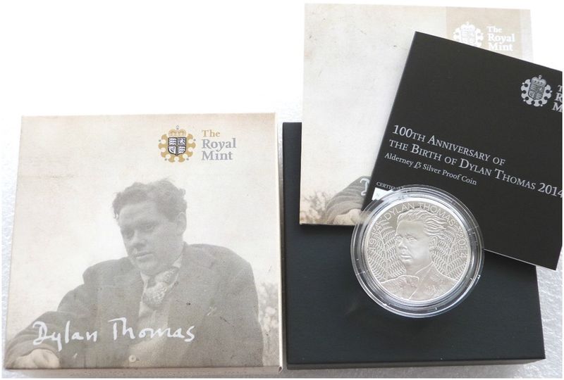 2014 Alderney Dylan Thomas £5 Silver Proof Coin Box Coa