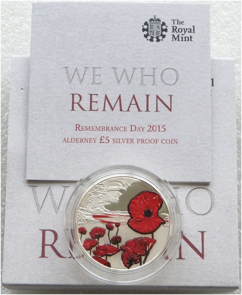 2015 Alderney Remembrance Day Poppy £5 Silver Proof Coin Box Coa