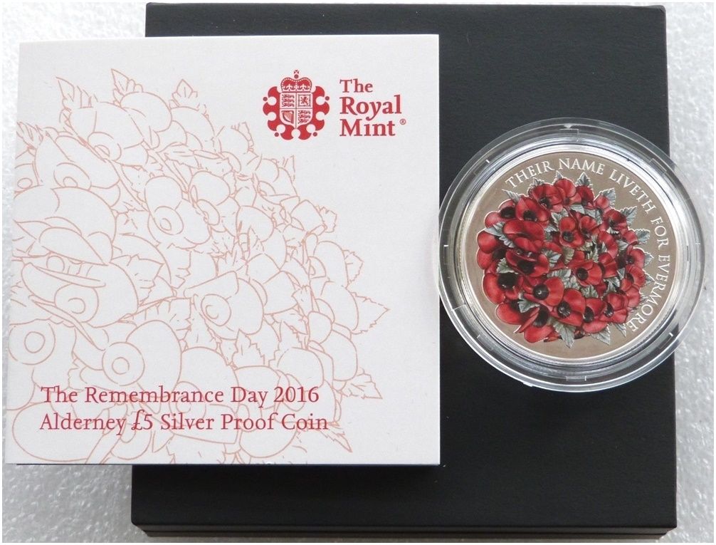 2016 Alderney Remembrance Day Poppy £5 Silver Proof Coin Box Coa