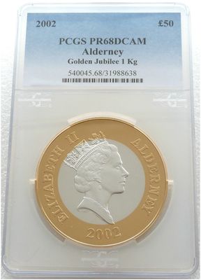 2002 Alderney Golden Jubilee £50 Silver Proof Kilo Coin PCGS PR68 DCAM 2002 Alderney Golden Jubilee £50 Silver Proof Kilo Coin PCGS PR68 DCAM