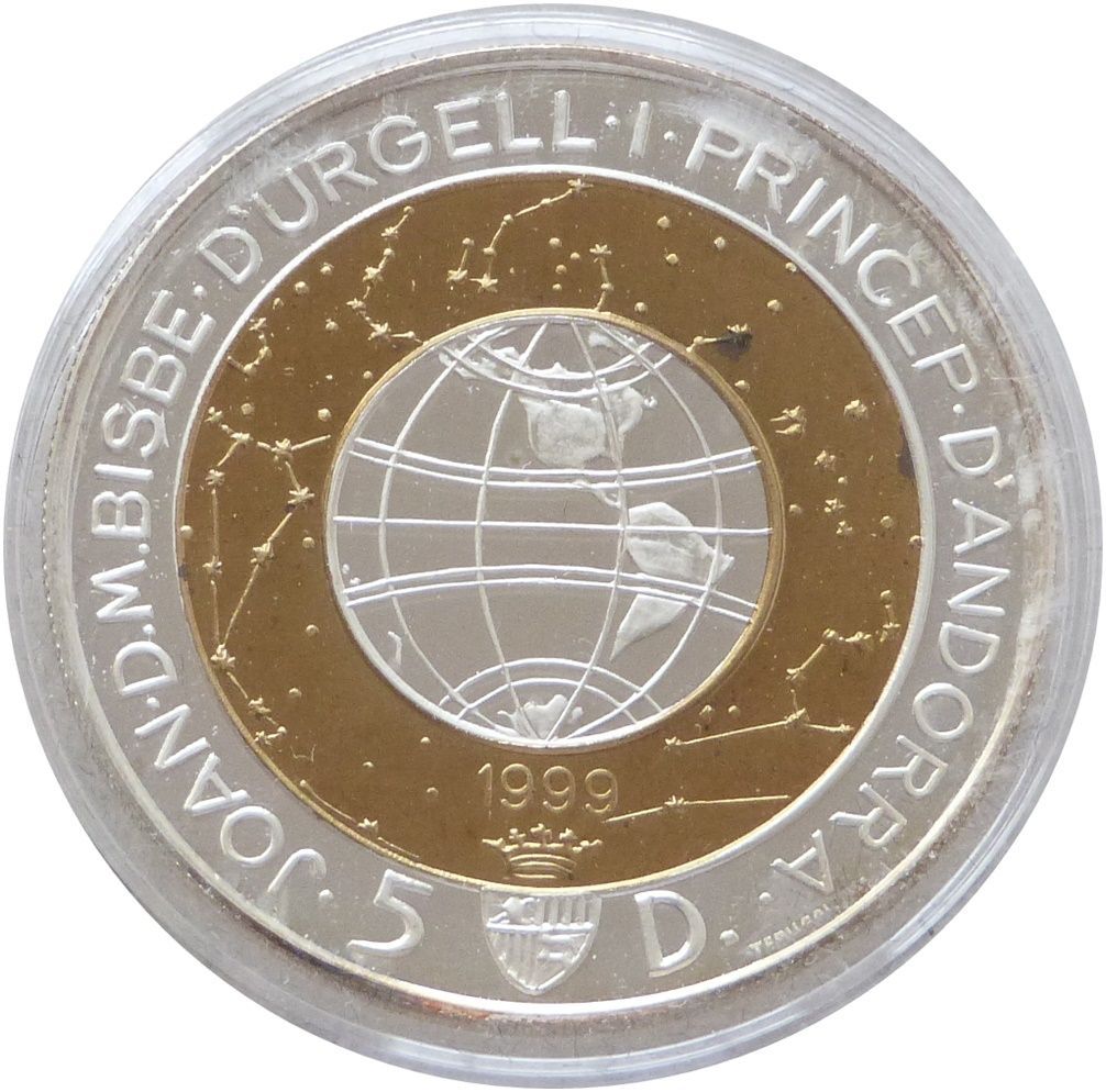1999 Andorra Millennium Bi-Metal 5 Diners Silver Proof Coin 1999 Andorra Millennium Bi-Metal 5 Diners Silver Proof Coin