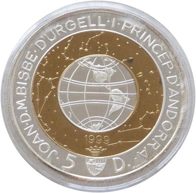 1999 Andorra Millennium Bi-Metal 5 Diners Silver Proof Coin 1999 Andorra Millennium Bi-Metal 5 Diners Silver Proof Coin