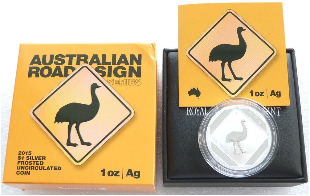 2015 Australia Emu Road Sign $1 Frosted Silver 1oz Coin Box Coa 2015 Australia Emu Road Sign $1 Frosted Silver 1oz Coin Box Coa