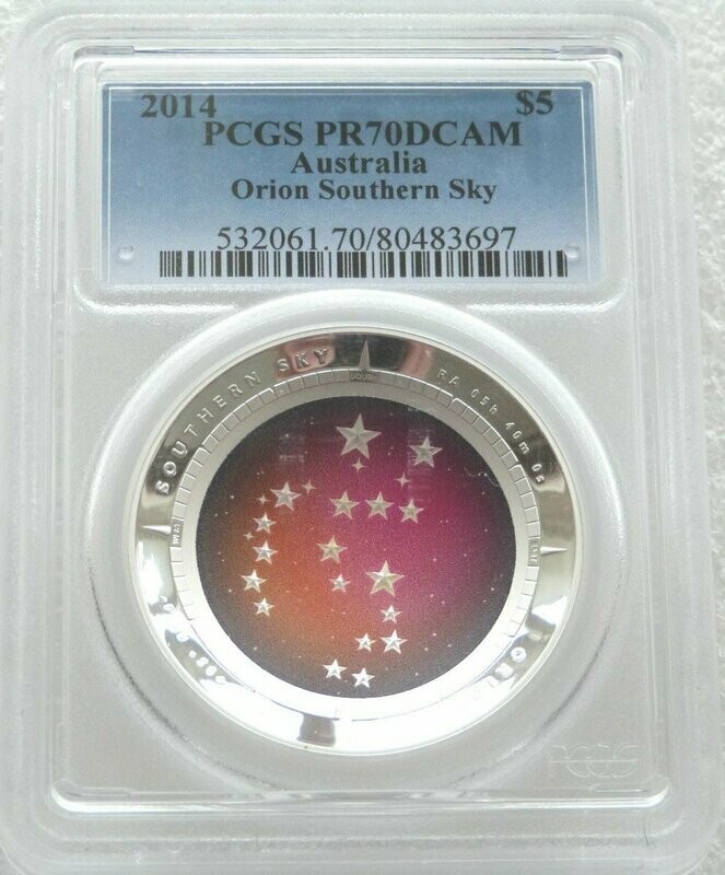 2014 Australia Southern Sky Orion Domed $5 Silver Proof 1oz Coin PCGS PR70 DCAM 2014 Australia Southern Sky Orion Domed $5 Silver Proof 1oz Coin PCGS PR70 DCAM