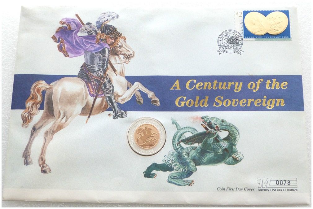 1999 Australia Perth Mint Centenary Bi-Metal $100 Gold Matte Proof Sovereign Coin First Day Cover 1999 Australia Perth Mint Centenary Bi-Metal $100 Gold Matte Proof Sovereign Coin First Day Cover