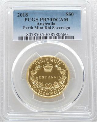 2018 Australia Perth Mint $50 Double Sovereign Gold Proof Coin PCGS PR70 DCAM 2018 Australia Perth Mint $50 Double Sovereign Gold Proof Coin PCGS PR70 DCAM