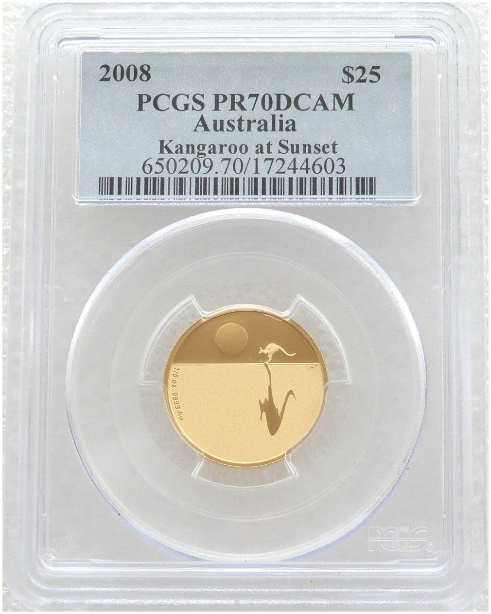 2008 Australia Kangaroo at Sunset $25 Gold Proof 1/5oz Coin PCGS PR70 DCAM