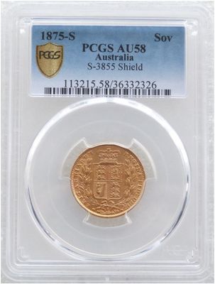 1875-S Australia Sydney Victoria Full Sovereign Gold Coin PCGS AU58