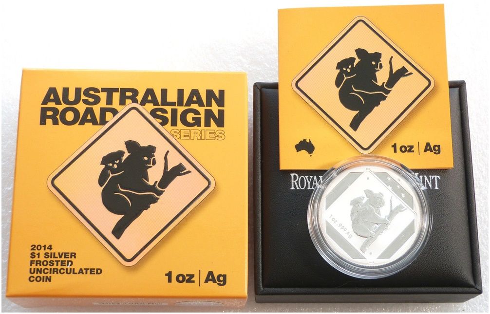 2014 Australia Koala Road Sign $1 Frosted Silver 1oz Coin Box Coa