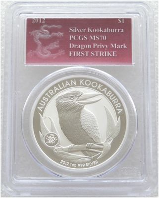 2012 Australia Kookaburra Lunar Dragon Privy $1 Silver 1oz Coin PCGS MS70 First Strike 2012 Australia Kookaburra Lunar Dragon Privy $1 Silver 1oz Coin PCGS MS70 First Strike
