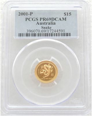 2001 Australia Lunar Snake $15 Gold Proof 1/10oz Coin PCGS PR69 DCAM 2001 Australia Lunar Snake $15 Gold Proof 1/10oz Coin PCGS PR69 DCAM