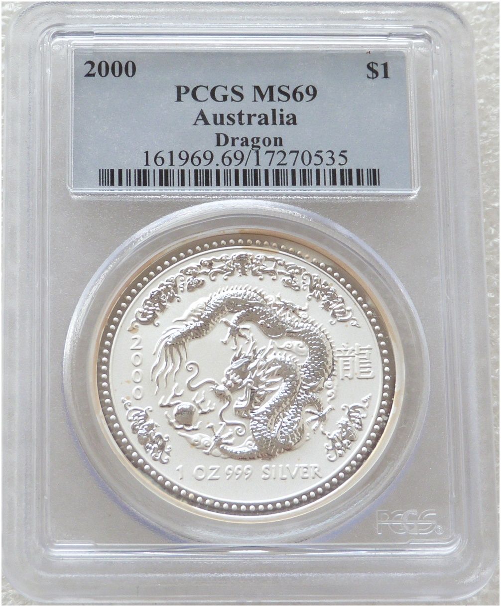 2000 Australia Lunar Dragon $1 Silver 1oz Coin PCGS MS69