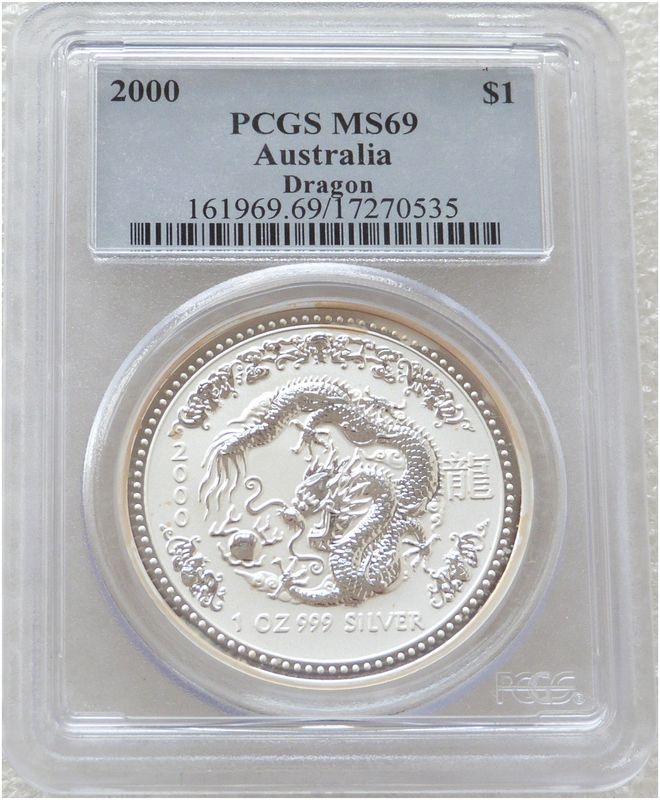 2000 Australia Lunar Dragon $1 Silver 1oz Coin PCGS MS69