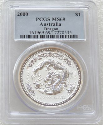 2000 Australia Lunar Dragon $1 Silver 1oz Coin PCGS MS69