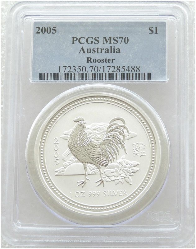 2005 Australia Lunar Rooster $1 Silver 1oz Coin PCGS MS70 2005 Australia Lunar Rooster $1 Silver 1oz Coin PCGS MS70